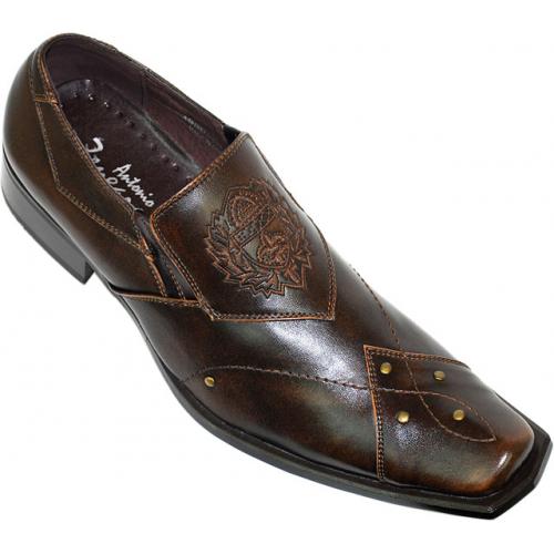 Antonio Zengara Chocolate Brown Embroidered Hexagonal Toe Leather Shoes A401052